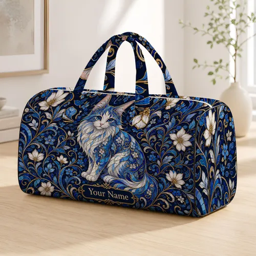 Blue And White Cat Floral Vines For Travel And Daily Gifts To Cat Lovers Quilted Weekend Bag