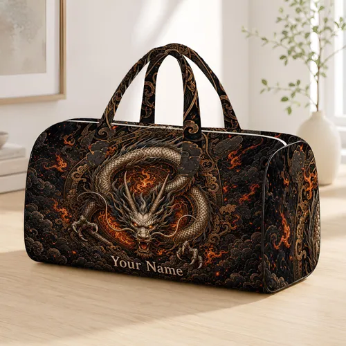 Ornate Ember Flame Eastern Dragon For Travel And Overnight Adventures With Your Name Quilted Weekend Bag