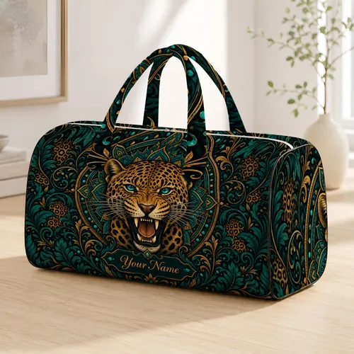 Roaring Jaguar Teal Jungle Travel Accessory Gift For Wildlife Lovers With Your Name Quilted Weekend Bag