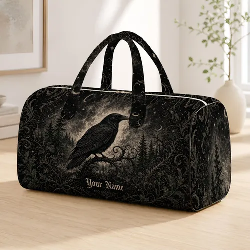 Gothic Raven And Moonlit Forest Style For Dark Academia Travel And Overnight Escapes Quilted Weekend Bag