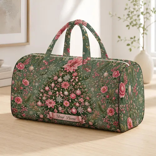 Pink Poinsettia Christmas Tree Holiday Travel Gift For Women And Winter Getaways Quilted Weekend Bag