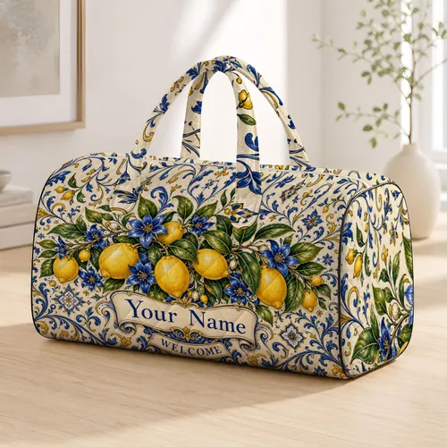Mediterranean Lemon And Blue Floral Tile Motif For Travel, Beach, And Garden Lovers Quilted Weekend Bag