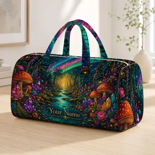 Enchanted Mushroom Forest Crystal Stream For Travel And Festival Adventure Lovers Quilted Weekend Bag