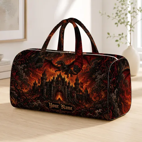 Fire Dragon Over Gothic Castle For Dark Fantasy Travel, Sleepovers, And Weekend Escapes Quilted Weekend Bag