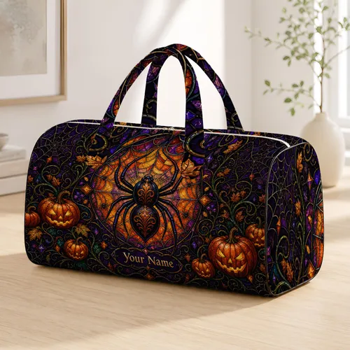Halloween Black Widow Spider And Pumpkins For Gothic Travel And Overnight Escapes Quilted Weekend Bag