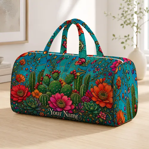 Colorful Sonoran Cactus Garden With Desert Flowers For Boho Getaway Travel Lovers Quilted Weekend Bag