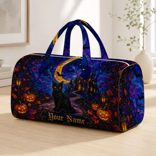 Halloween Black Cat Gothic Castle Travel Gift For Spooky Getaway Fans Quilted Weekend Bag