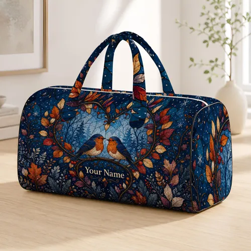 Robin Birds Heart Motif for Autumn Winter Travel Gifts Bird Lovers Quilted Weekend Bag