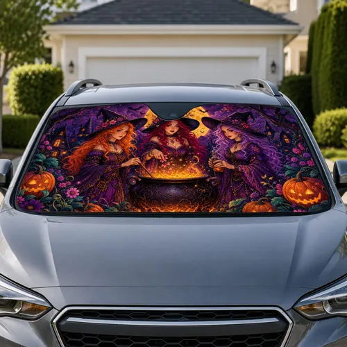 Three Witches And Glowing Cauldron For Halloween Road Trips And Spooky Season Drivers Car Sunshade