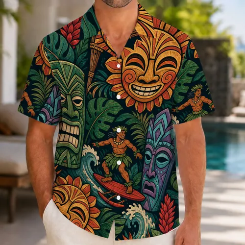 Tropical Tiki Masks And Jungle Leaves For Beach Parties And Island Festival Fans Hawaiian Shirt