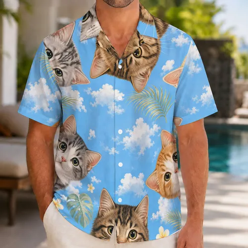 Cute Tabby Kittens In Blue Sky Clouds For Tropical Resort Vacations And Cat Lovers Hawaiian Shirt
