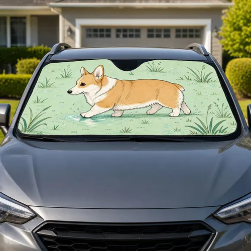 Cute Pembroke Welsh Corgi Walking Through Puddles For Dog Lover Road Trips And Commutes Car Sunshade