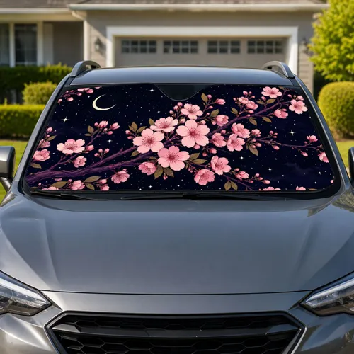 Cherry Blossom Moonlit Night Sky For Romantic Spring Evening Road Trips And Enthusiasts Car Sunshade