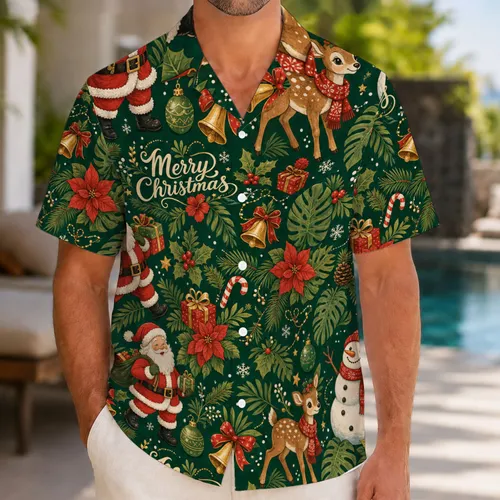 Tropical Christmas Santa Snowman And Fawn For Holiday Parties And Resort Getaways Hawaiian Shirt