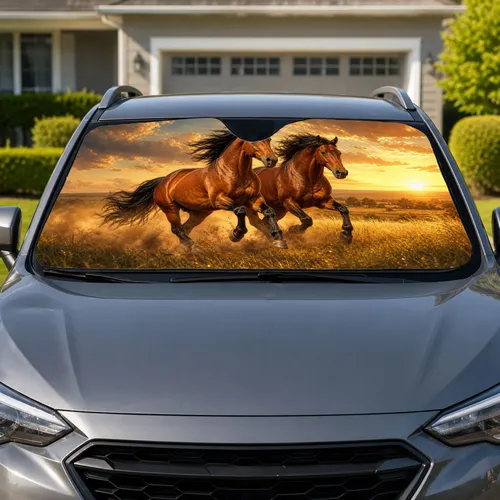 Galloping Bay Horses At Sunset For Equestrian Road Trips And Country Enthusiasts Car Sunshade