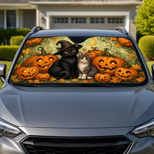 Black Cat In Witch Hat With Jack O Lantern Pumpkins for Halloween Autumn Cat Lovers Car Sunshade