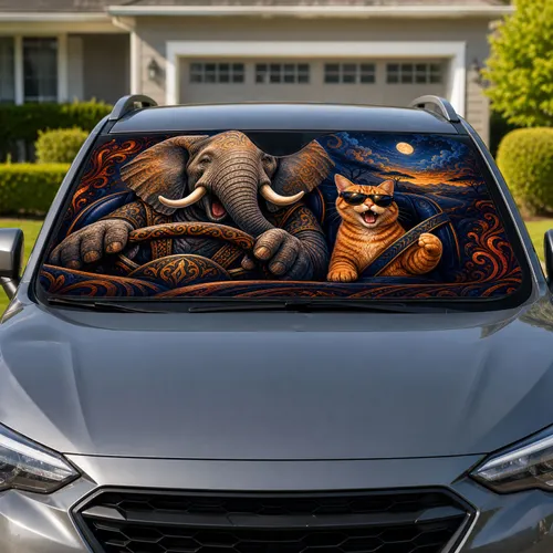Elephant And Cat Night Driving Scene For Wildlife Lovers And Animal Humor Enthusiasts Car Sunshade