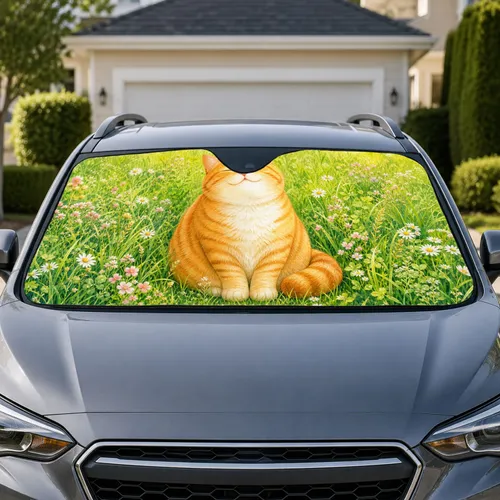 Orange Tabby Cat In Spring Meadow For Cheerful Daily Drives And Feline Garden Lovers Car Sunshade