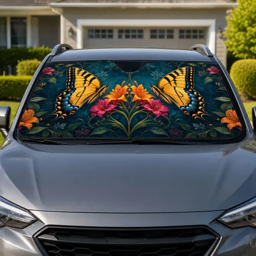 Tiger Swallowtail Butterflies And Teal Flowers For Spring Road Trips And Gift Giving Car Sunshade