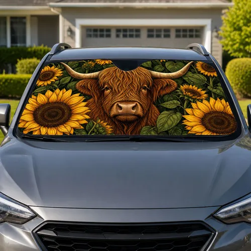 Highland Cow Sunflower Farmhouse Road Trip Gift For Country Animal Lovers At Heart Car Sunshade