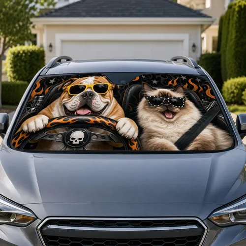 Bulldog And Cat Driving With Flame Wheel For Rebel Road Trips And Pet Lovers Gift Car Sunshade