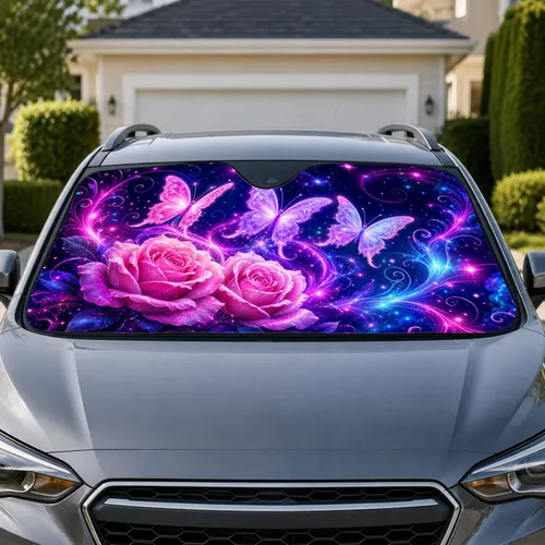 Luminous Pink Butterflies And Roses For Magical Fantasy Road Trip Gift Enthusiasts Car Sunshade
