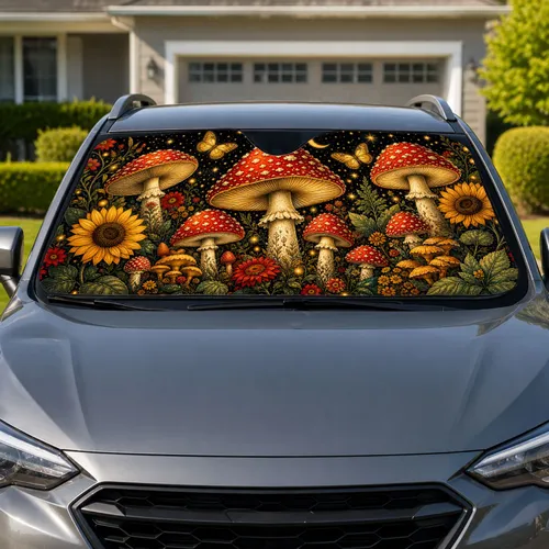 Enchanted Red Mushrooms And Wildflowers For Midnight Garden Fantasy Nature Lovers Car Sunshade