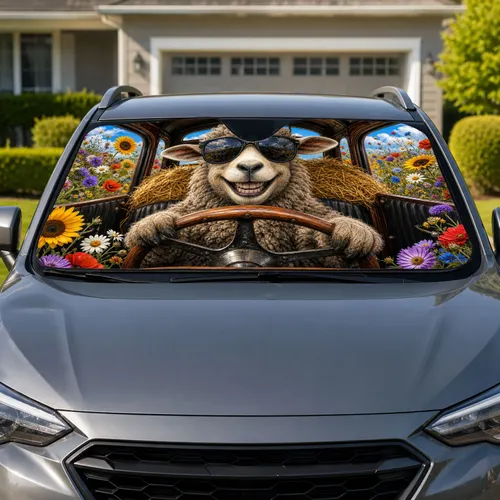 Funny Sheep Driving Vintage Car With Wildflowers For Farm Animal Lovers Birthday Gift Car Sunshade