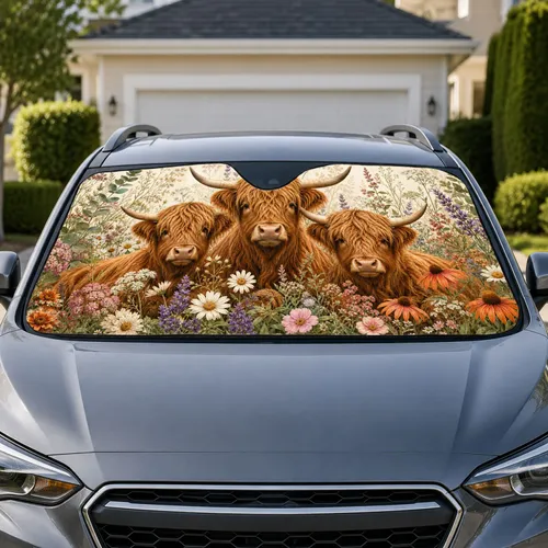 Highland Cow Wildflowers Rustic Floral Meadow For Country Road Trips And Farmhouse Fans Car Sunshade