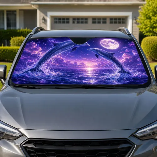Moonlit Dolphins Over Ocean for Night Drive Style and Coastal Animal Lovers Gift Car Sunshade
