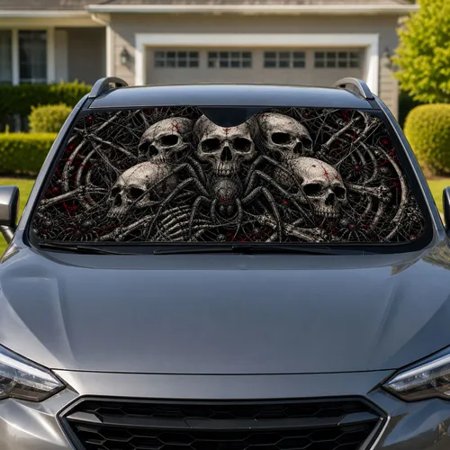 Five Skull Spider Web Gothic Horror Decor For Halloween Drivers And Dark Style Fans Car Sunshade