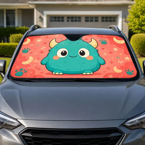 Cute Turquoise Monster on Coral Pink for Cheerful Summer Drives and Kawaii Lovers Car Sunshade