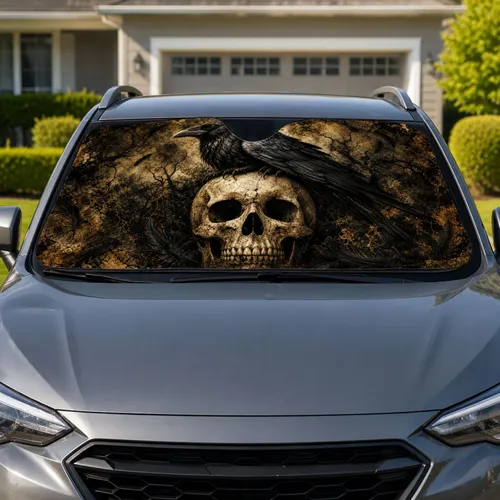Gothic Raven And Skull Dark Fantasy Decor For Halloween Road Trips And Spooky Car Lovers Car Sunshade