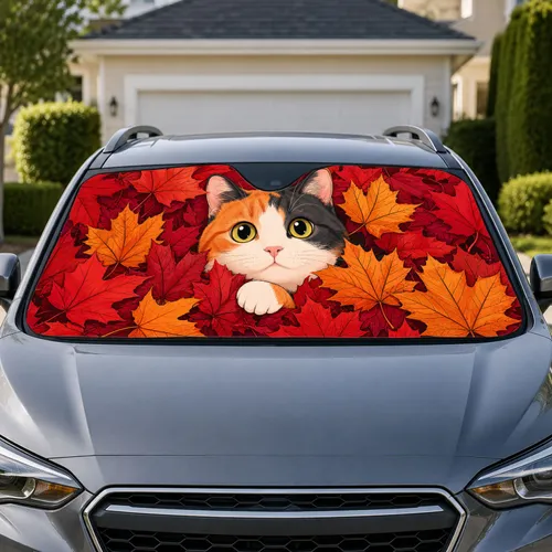 Autumn Calico Cat Among Maple Leaves for Cozy Fall Road Trips and Cat Lover Gifts Car Sunshade