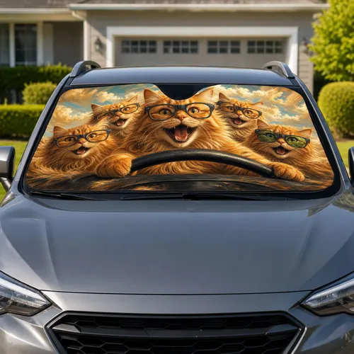 Five Ginger Cats Wearing Glasses Driving For Funny Road Trip Gifts And Cat Lovers Car Sunshade