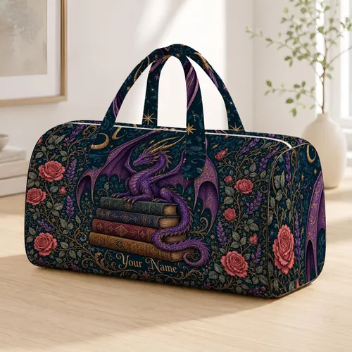 Purple Dragon On Antique Books Gothic Library Travel Gift For Fantasy Book Lovers Quilted Weekend Bag