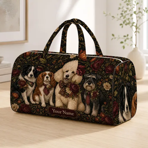 Vintage Floral Dog Portraits For Luxury Overnight Travel And Pet Lover Holiday Getaways Quilted Weekend Bag