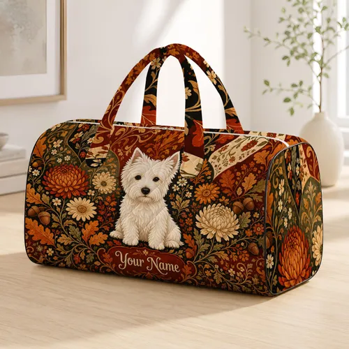 West Highland Terrier Autumn Florals for Cozy Weekend Getaways and Dog Loving Travelers Quilted Weekend Bag