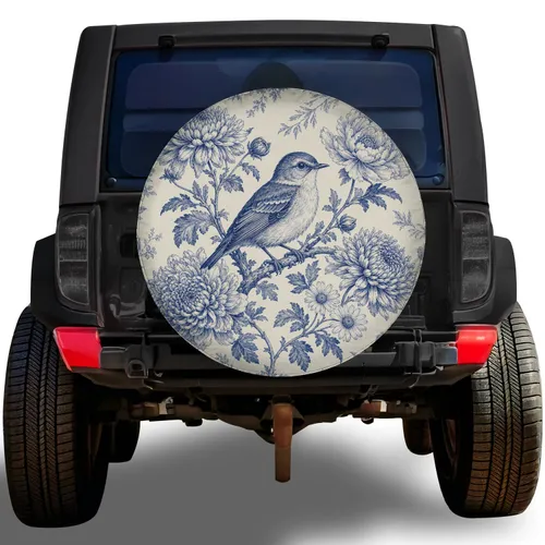 Indigo Songbird And Chrysanthemum Toile Garden For RV Camping And Road Trip Nature Lovers Spare Tire Cover