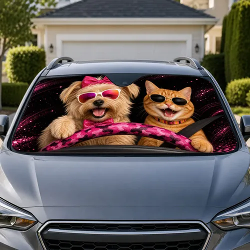 Funny Terrier And Orange Tabby Driving Pink Camo Glam For Pet Lovers Road Trip Style Car Sunshade
