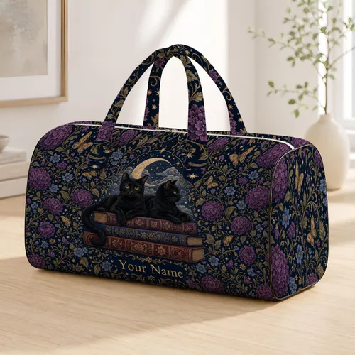 Black Cats On Books With Purple Flowers For Overnight Travel And Literary Cat Lovers Quilted Weekend Bag