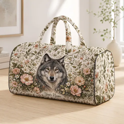 Gray Wolf and Blush Rose Travel Companion for Weekend Getaways and Nature Lovers Quilted Weekend Bag