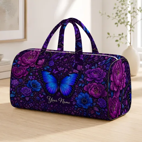 Blue Morpho Butterfly Floral Getaway Essential With Name For Purple Garden Lovers Quilted Weekend Bag