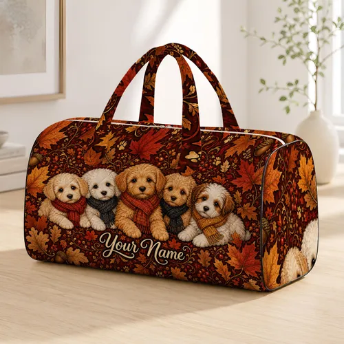 Autumn Scarfed Puppies With Maple Leaves For Thanksgiving Travel And Dog Lovers Gifts Quilted Weekend Bag