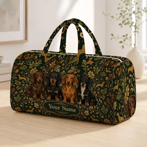 Four Dachshunds In Woodland Foliage For Autumn Getaways And Holiday Dog Lover Gifts Quilted Weekend Bag