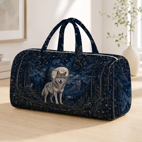 Moonlit Gray Wolf Forest Travel Companion For Wildlife Lovers And Overnight Escapes Quilted Weekend Bag