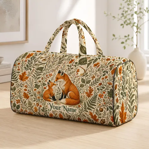 Red Fox And Kit In Autumn Floral Meadow For Travel And Overnight Gifts Animal Lovers Quilted Weekend Bag