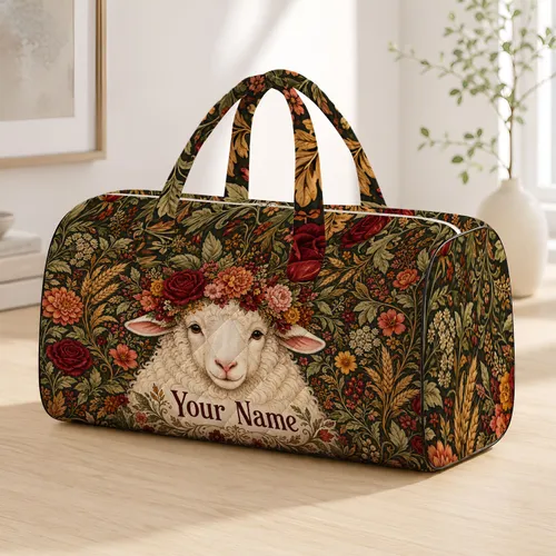 Floral Wreath Sheep For Autumn Travel, Country Market Days And Gifts For Animal Lovers Quilted Weekend Bag