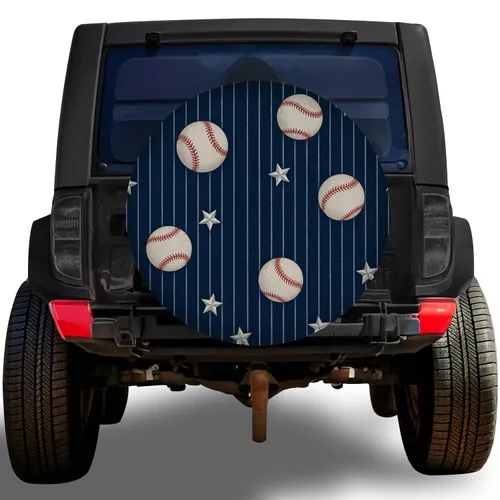 Navy Baseball And White Star Pinstripe Game Day Road Trip Style For RV SUV Truck Spare Tire Cover