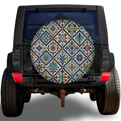Mediterranean Ceramic Tile Motifs for Boho Road Trips and Travel Loving RV Drivers Spare Tire Cover